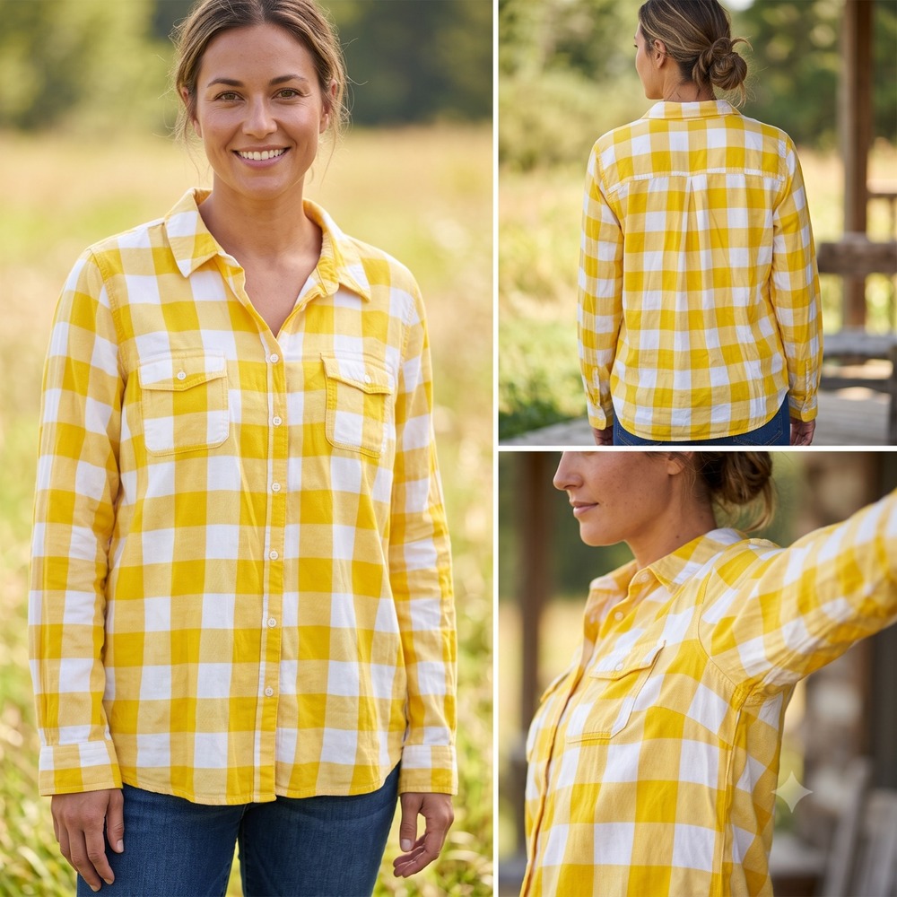 Old Navy Button-Up Shirt Womens XL Yellow White Plaid Flap Pocket Long Sleeve